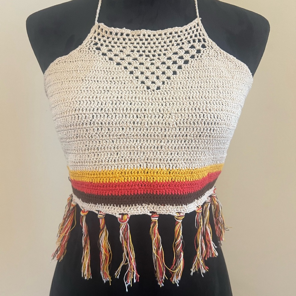 Cotton Retro Stripe Handmade Crochet Halter Top